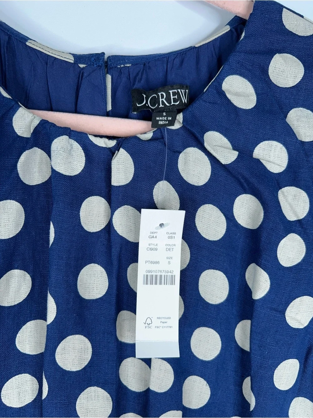 J Crew Navy Polka Dot Sleeveless Midi Dress Smocked Waist Linen New Size Small